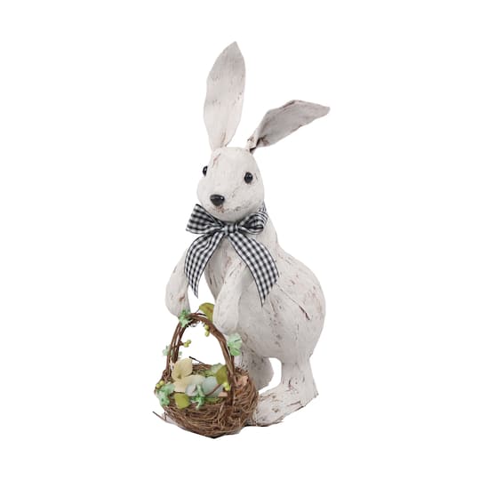 13&#x22; Brushed White Easter Rabbit with Basket Standing D&#xE9;cor